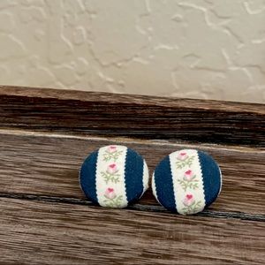 Stripe Floral Fabric Button Earrings